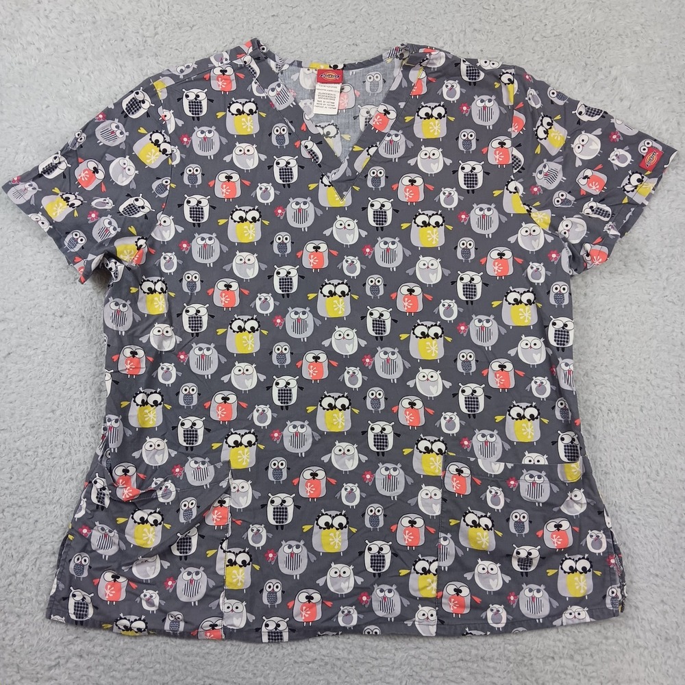 Dickies Owl Print V-Neck Scrub Top Womens 2XL Grey Cotton Medical 84771C 0YFR